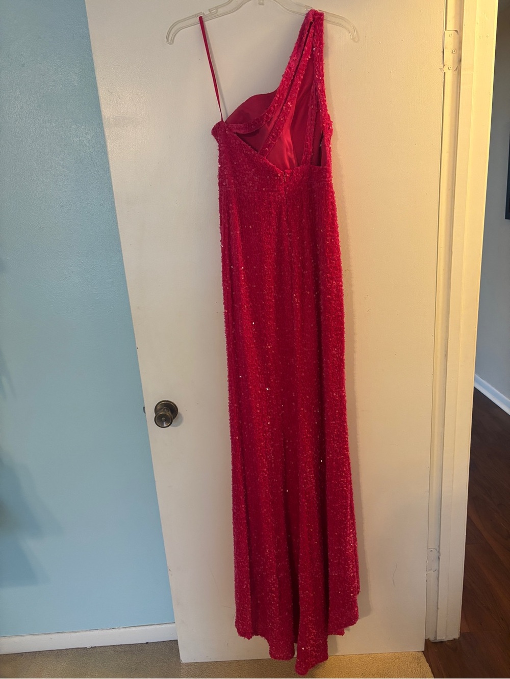 One-Shoulder Hot Pink Sequin Evening Gown